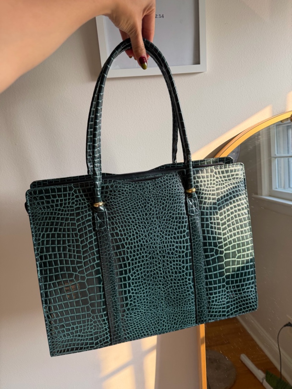 Croc-Embossed Structured Tote in Dark Teal